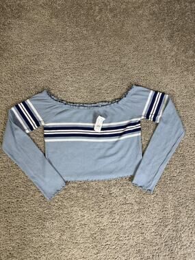 ME TO WE Shirt Girls L Blue Cropped Off The Shoulder Striped Ruffle Tagless